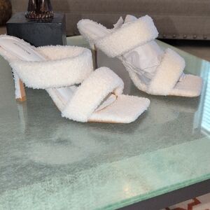 PrettyLittleThing Cream Fuzzy Winter White Heeled Sandals